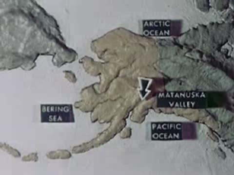 A relief map showing Alaska with labeled surrounding oceans and valley, 1940s