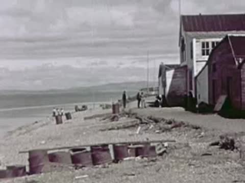 Wooden buildings along a coastal shoreline with calm water, Alaska, 1940s