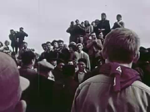 Scouts in uniform on a hill with a crowd in the background.
