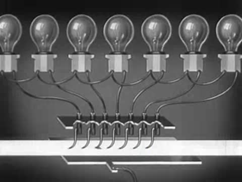 Animation of multiple light bulbs connected to a control mechanism below.