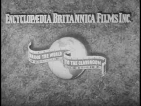 Encyclopaedia Britannica Films Inc. title card with spinning globe, vintage.