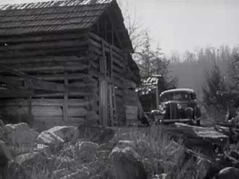 Sedan driving past a rustic log cabin in a rural landscape