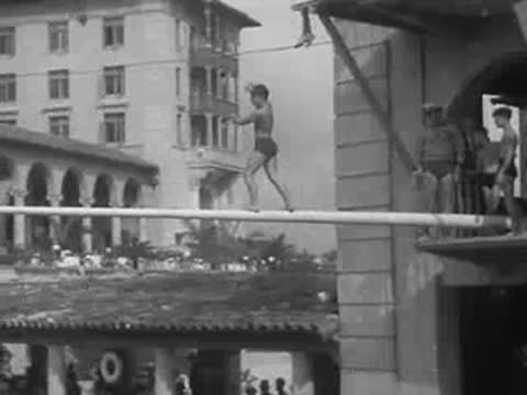 crowd watches as a man dives from a long pole into a pool