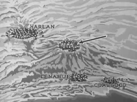 Animated map of Harlan, Lenarue, and Coalgood regions with pointing arrow