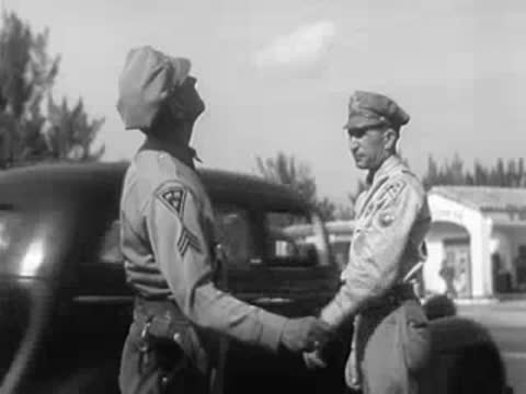 Two police officers in uniform talking and gesturing near a parked car
