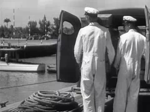 Delivery van parked by water, men unload boxes near airplane.