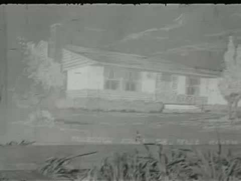 An architectural drawing of a single-story house with trees and shrubs.