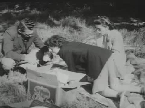 People unpack items from a box on a picnic blanket outdoors.