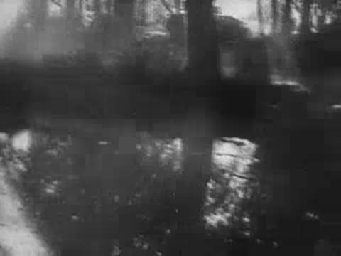 View from moving vehicle passing through grassy and wooded terrain, World War II