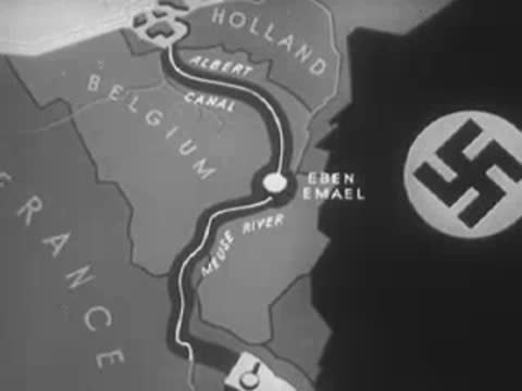 Animated map highlighting the Albert Canal, Eben Emael, and borders with a swastika, WWII