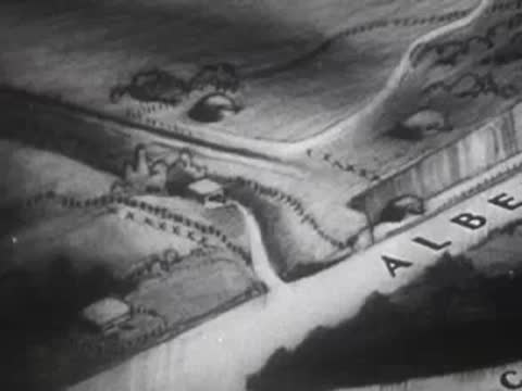 Aerial perspective view of the Eben Emael fortification layout near the canal, WWII