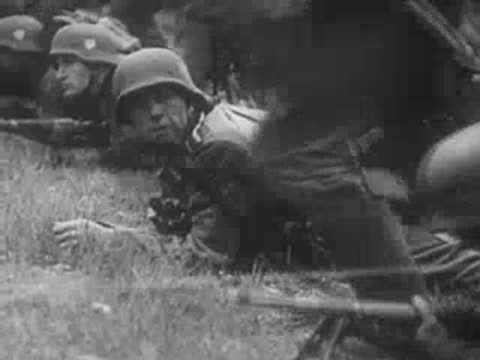 German infantry in helmets advance under aircraft, archive footage