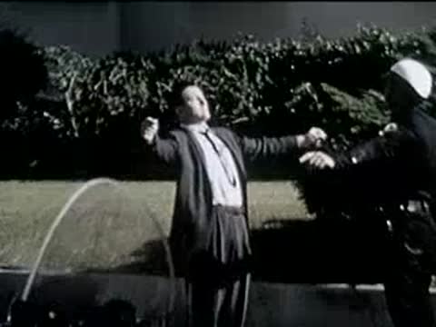 Driver stands outdoors talking with a motorcycle police officer near a lawn sprinkler.
