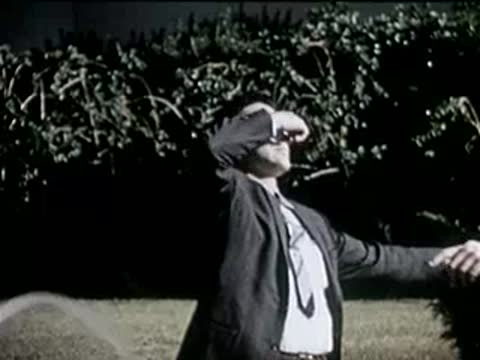 Driver wipes forehead and talks with police officer near a lawn and sprinkler.