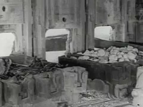 hot metal slab processing and industrial furnace in steel mill, 1950s