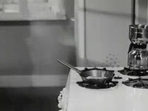 A kitchen cooking sequence, woman carrying food, a farm hen house, and frying eggs