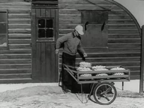 A farm worker pushing a cart filled with baskets of eggs near a wooden building