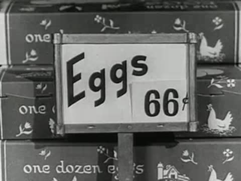 Close-up of egg cartons with price signs showing changes in egg prices
