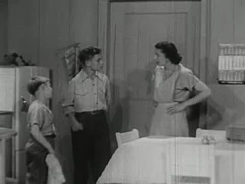 Woman talking to two boys in kitchen interior.