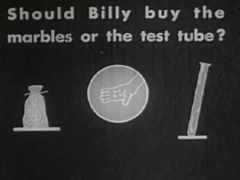 Intertitle card with question and illustrations of a bag, hand, and test tube.