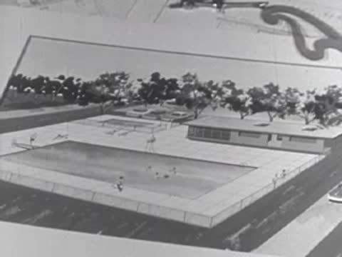 Architectural rendering or photo of a modern building dissolve transition, 1950s.