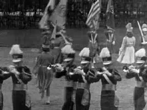 A marching band and color guard performing on a field with flags.
