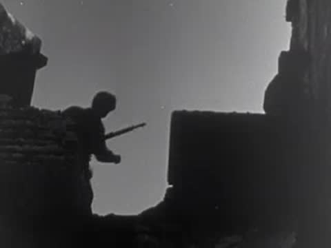 Soldiers in uniform gathered outdoors, with a silhouette view of a monument or ruins.