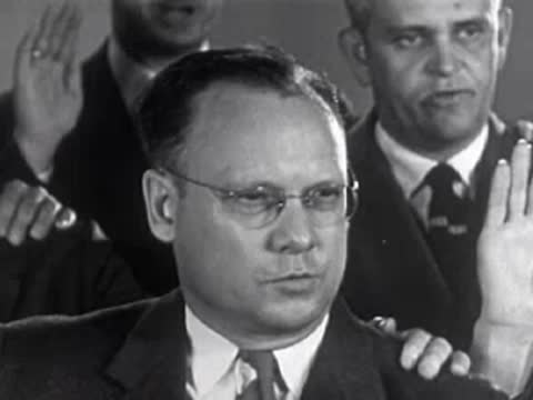 Man in suit and glasses speaking with overlay of men taking an oath, 1950s.