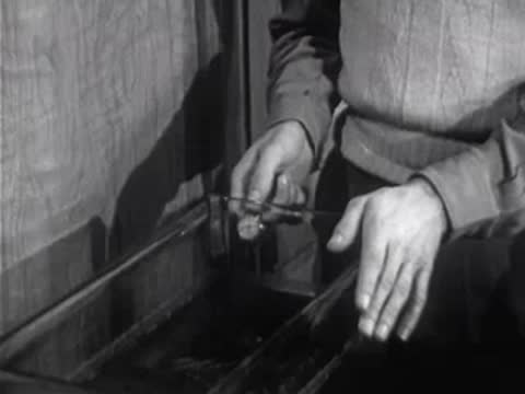 close-up of hands dropping an object into liquid tank