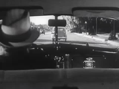View from the back seat as a car travels down a street.