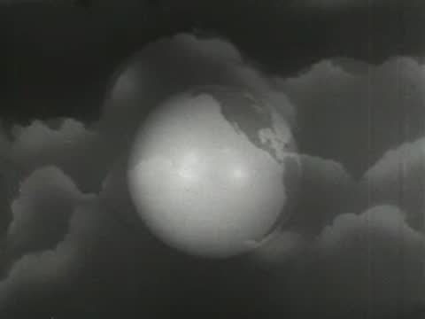 animated globe spinning against a cloudy sky background, shrinking in size