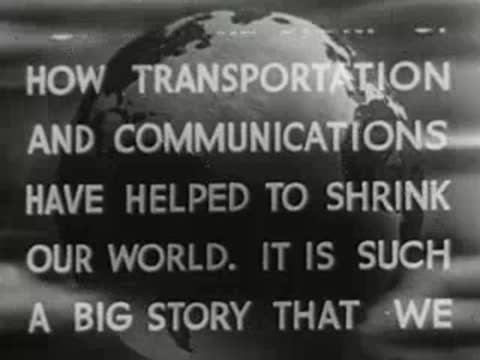text scrolling upward across spinning globe regarding transportation and communications