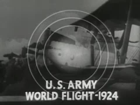 Animated spinning globe overlaid with archival text and biplane silhouette, historical flight record