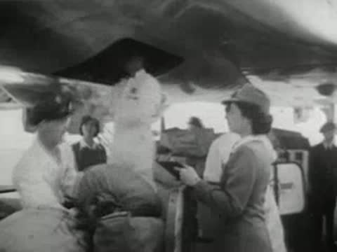 Flight crew and ground staff loading air mail and cargo into an airplane, 1940s.