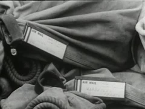 Close-up of labeled air mail bags and packages being loaded into an aircraft cargo hold.
