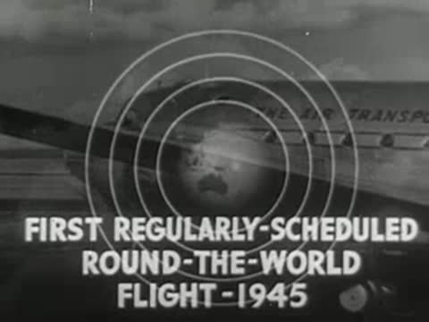 Animated globe with concentric rings superimposed over a propeller aircraft in flight.