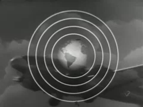Animated globe with concentric rings superimposed over a large propeller airplane in flight.