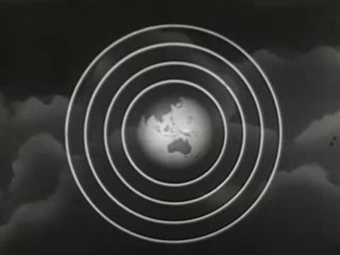 Animated spinning globe showing different continents with concentric radar rings, 1940s film.