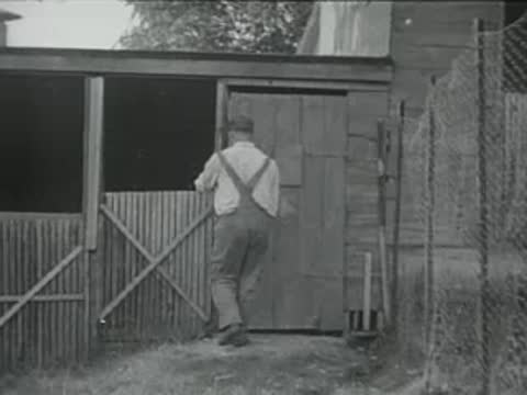 farmer closing barn door, archival documentary footage