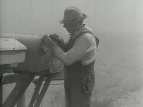 Medium shot of a farmer opening his mailbox during a dust storm, 1930s