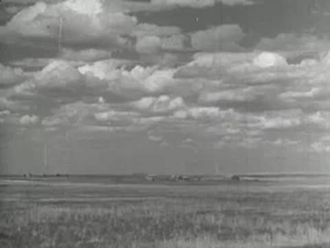 Flat grassy plains under a wide cloudy sky, horizon line.