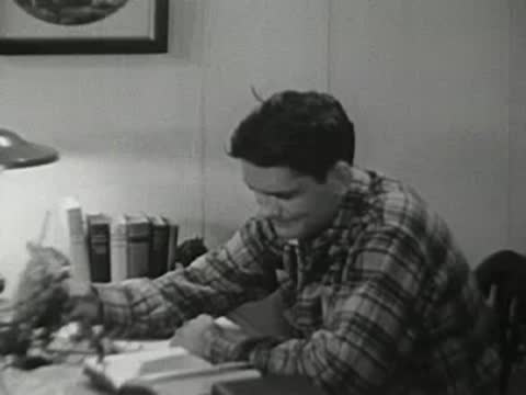 Teen boy studying diligently at his desk with books and lamp.