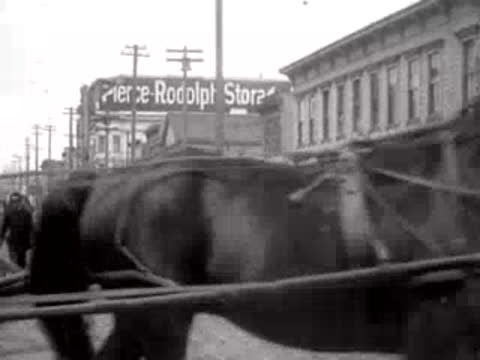 Horse-drawn carriage passing the camera on a San Francisco street in 1906.
