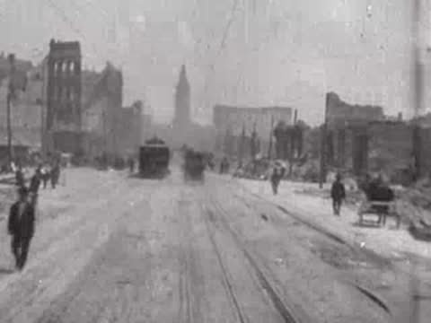 San Francisco street scene with tram tracks, pedestrians, and horse carriage in ruins.
