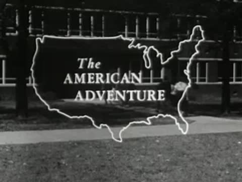 Title graphic: US map outline with 'The American Adventure' over school building footage