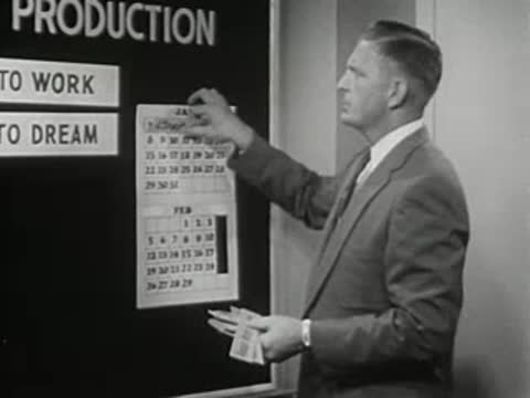 Man adjusting a calendar on a chart board, 1950s