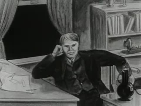 Illustrated man sitting at a desk with lightning outside, 1950s