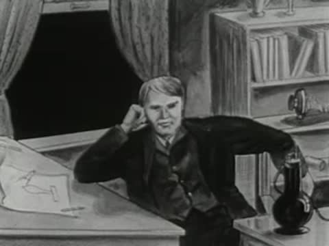 Illustrated man at a desk during a lightning storm, 1950s
