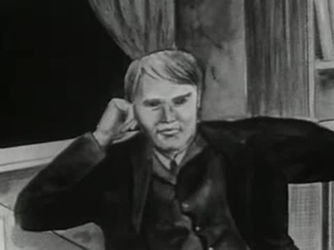 Illustrated man sitting at a desk, 1950s animation