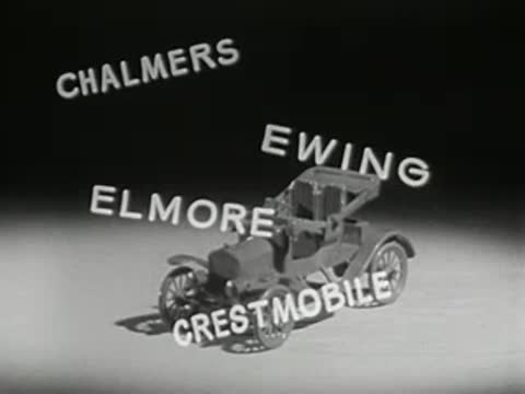 Vintage car surrounded by floating brand names, 1950s film